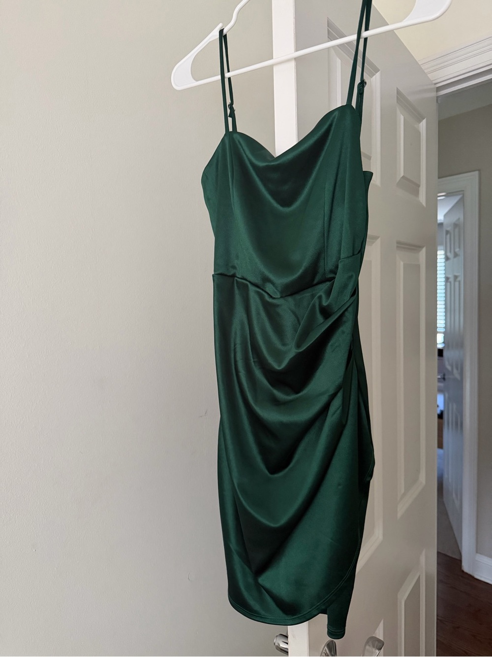 Emerald Sundae Deep Green Satin Cowl Mini Dress